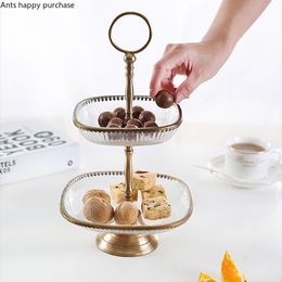 Two-tier Fruit Plate Brass Glass Fruit Bowl Cake Stand Snack Tray Dessert Bowl Decorative Plate Dried Fruit Plates Fruit Dish