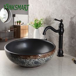 YANKSMART Bathroom Ceramics Round Washbasin Sink With Pop-up Drain ORB Single Handle Faucet Combo Set Deck Mounted Mixer Tap