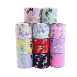 6cm 25Yards Soft Tulle Butterfly Printed Tulle Mesh Fabric DIY Tutu Skirt Bow Poms Hairbands Clips Wedding Birthday Decoration