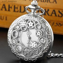 Pocket Watches Hollow Skeleton Gear Vintage Pocket Silver/Gold/Brown/Black High Quality Quartz Chain Pockets es Y240410