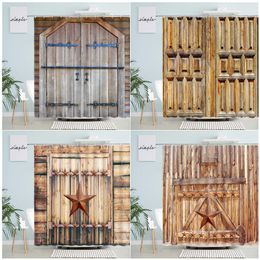 Vintage Farm Wooden Door Shower Curtains Retro Old Board Texas Star Modern Polyester Cloth Bathroom Decor Bath Curtain Set Hooks