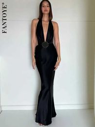 Urban Sexy Dresses Fantoye Satin Deep V-neck Flower Women Maxi Dress Black Backless Bandage Solid Evening Dress Female Slim Elegant Party Clubwear 24410