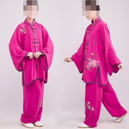 women tai chi suit female spring/summer embroidery performance kung fu uniforms suits martial arts clothing coffee/blue/rose/red