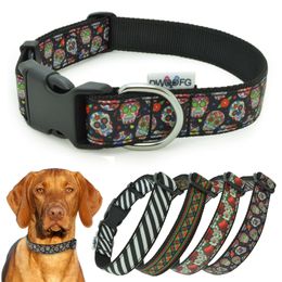 Dog Collar Skulls black and white stripe Personalized Pet Collar Adjustable Collar for Medium Large Dogs Pitbull Collar B0929