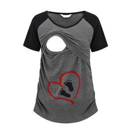 Women Maternity Breastfeeding Tee Ruched Nursing Tops Love Footprint Print Short Sleeve T-shirt Pregnancy Clothes Pregnant Tees
