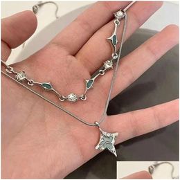 Pendant Necklaces Retro Double Layer Four Pointed Star Necklace Y2K Emo Girls Sweet Cool Rhinestone Clavicle Chain Women Fashion Drop Dhort