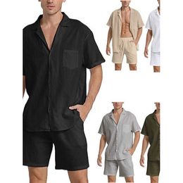 Custom Linen Summer Regular Fit Blank Short Sleeve Shirt and Shorts 2 Pieces Set for Men