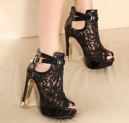 Sandals Summer Zipper Boots Black Mesh Sexy Peep Toe Lace Up Women Shoes Stiletto High Heel 13.5CM Pole Dance Booties