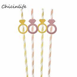 Chicinlife 10Pcs Rose Gold Ring Diamond Paper Straws Bachelorette Party Table Supplies Drink Straws Wedding Party Decoration