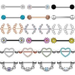 2pcs Nipple Piercing Heart Barbell 14G Opal Shield Flower Charming Rings For Women Body Jewelry 240407