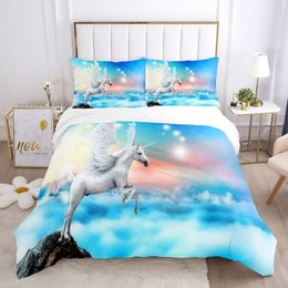 Unicorn Duvet Cover Set White Horse with Wing 3D Print King Size Polyester Comforter Cover for Kids Bedding Set with Pillowcase