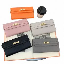 2024 Fi Women's Wallet with Lychee Pattern and Lock Buckle Lg Wallet Luxury Cowhide Solid Colour Card Holder Coin Purse V486#