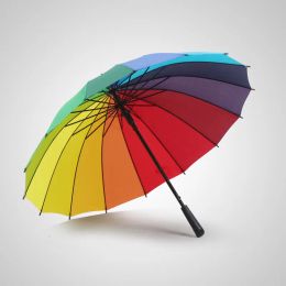 20pcs Rainbow Umbrella Long Handle Hook 16K High Quality Straight Windproof Colorful Pongee Women Men Sunny Rainy 11 LL