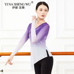 Women Chinese Folk Dance Wear Sexy Transparent Mesh Blouse Classical Dance Loose Top With Thumb Hole Long Sleeve Gradient Colour