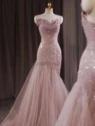 Urban Sexy Dresses Rose Pink Mermaid Evening Dresses Pleat Asymmetry Chain Shiny Sequined Long Slim Fairy French Celebrity Prom Party Gowns Woman 24410