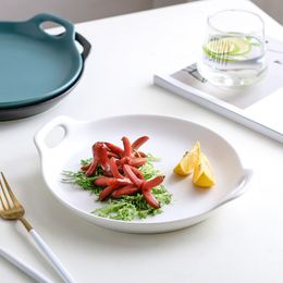 Ceramic Plate for Food, Breakfast Tray, Salad Dish, Double-ear Baking Pan, Home Nordic Cheese Baked Dish, Kitchen Oven Di