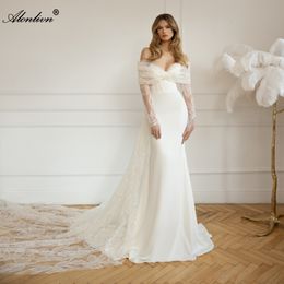 Stunning Satin Fabric Sweetheart Mermaid Wedding Dresses With Removable Lace Wrap Off Shoulder Full Sleeves Trumpet Bridal Gowns