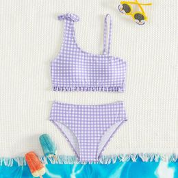 Women's Swimwear Summer Kids Split Swimsuit For Girls Bikini Sets 5-14 Years High Waist Purple Plaid Girl Bathing Suit