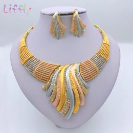 African Dubai 24k Gold Plated Choker Necklace Jewelry Set for Women Bridal Wedding Crystal Bracelet Earrings Jewellery