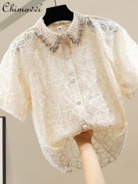 Women's Blouses Spring Summer Fashion Exquisite Rhinestone Short-Sleeved Casual Shirt Women High-End Loose Slim Fit Sweet Elegant Blouse Top