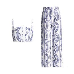 2024 Summer Embroidered Camisole High Waisted Wide Leg Pants Two-piece Suit for Women 240326