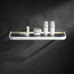 Brass bathroom shelf pure white gold wall towel shelf brass toilet towel bar Nordic white basket toilet brush hardware shelf