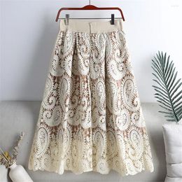 Skirts Vintage Lace Pleated A-Line Solid Colour Skirt For Women High Waist Elastic Embroidery Mid-Calf Female 2024 Spring Summer