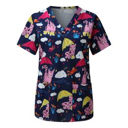 2021 Women's animal print casual T-Shirt Nursing Uniform short-sleeved V-neck care work tops Summer Workwear Tops Nurse Uniforms