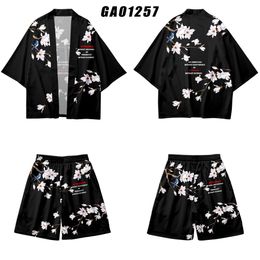 Japanese Flowers Print Cardigan Harajuku Cosplay Kimono Shorts Sets Yukata Asian Clothing Shirt Women Men Haori Two-piece Suit