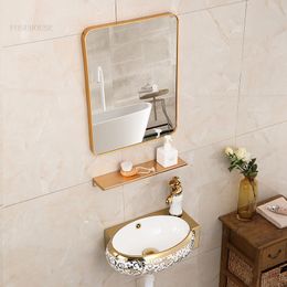 Light Luxury Bathroom Sinks Modern Bathroom fixtures Wall-mounted Wash basins Simple Mirror Support Creative Golden Wash Basin