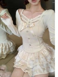 Work Dresses Japanese Kawaii Y2k 2 Piece Set Women Lace Sexy Elegant Retro Skirt Suit Female Autumn Winter Chic Tops Cake Mini 2024