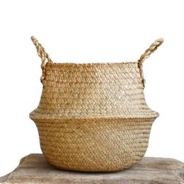 Woven Seagrass Basket Tote Belly Basket for Storage Laundry Picnic Plant Pot Cover Beach Bag288j