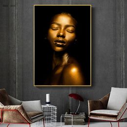 Arican Black Woman Wall Decorative Painting Modern Golden Character Art Canvas Poster Mural Interior Living Room Decor No Frame