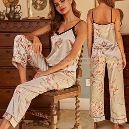 Nightgown Satin Women Pyjamas Suit Elastic Waist Sleepwear Print Flower Home Clothes With Bow Summer Nightwear Casual Lingerie