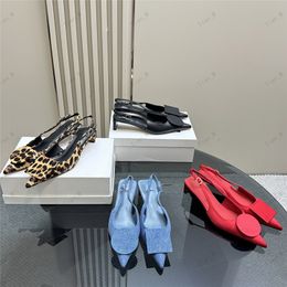 New Top Quality Jeans High Heels Blue Pointed silk Pumps Leopard slingback shoes brand Luxury Designer Shoes Office Elegant Women's Shoes Shallow Mule Shoes Women