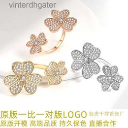 High End Vancefe Brand Designer Rings for Women Clover Ring Female Double Flower Full Diamond Open Ring Petals Simple Fashion Senior Brand Logo Designer Jewellery