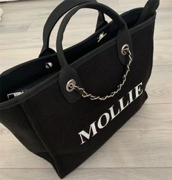 Monogram Tote Bag Canvas Customised Black Chain Handbag Personalised White Glitter Initials Shoulder Tote Bag, Women's Handbag