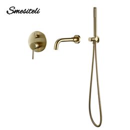 Brushed Gold Shower Set Headshower Mixer Swivel Bath Spout Wall Mount Shower Faucet Diverter Combo for Bathroom With Handshower