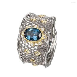 Cluster Rings Genuine S925 Sterling Silver Statement Ring With Natural Topaz For Women Hollow Exaggerated Wide Luxury Jewelry Gift