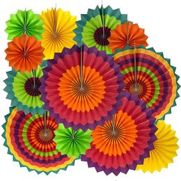 12pcs/set Hanging Circle Paper Fan Colourful Mexican Fiesta Carnival Paper Pinewheel for Party Birthday Wedding Backdrop Decor