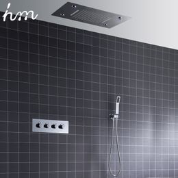hm Ceiling LED Shower System Large Waterfall Rainfall Showerhead Set Recessed Automatic Color Change Thermostatic Mixer Faucets