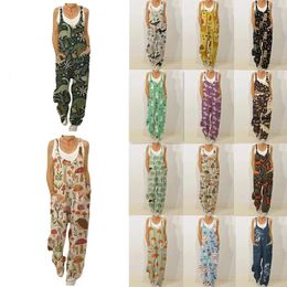 Womens Sleeveless Jumpsuit Summer Boho Floral Wide Leg Long Pants Rompers Ladies Strap Plus Size Casual Loose Bib Trousers 240410