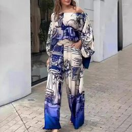 Women's Two Piece Pants Wide-leg Suit Rose Printed One Shoulder Top Wide Leg Set For Women Vacation Blouse Trousers With Soft Pockets