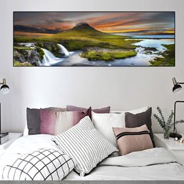 Nature Iceland Green Grass Waterfall Canvas Painting Nordic Landscape Posters and Prints Wall Art Pictures Home Decor No Frame