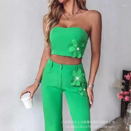 Women's Two Piece Pants Design 2024 Spring Summer Arrivals Clothing Solid Colour Rhinestone Applique Tube Top Trousers Suit Two-Piece Set