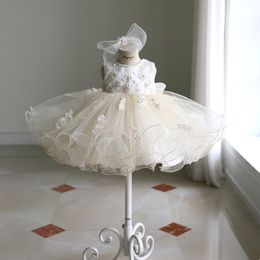 Lace Tulle Flower Girl Dresses big Bows Childrens First Communion Dress Princess Ball Gown Wedding Party Dress pearls beaded Lilttle Kids Birthday Pageant Wed Gowns