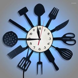 Wall Clocks Kitchen Decorative Tableware Record Clock Home Creative LED Light Restaurant Hanging Decoration