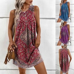 Vintage Women Sleeveless Geometry Printed Ethnic Style Dress Summer Tank Beach Loose Mini Casual Fashion Clothing Vestidos 240319