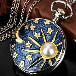 Pocket Watches New relief sea blue star and moon quartz necklace inlaid with pearl silver pocket pendant chain for male and female studen Y240410