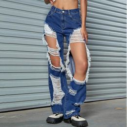 Women's Jeans Fashion Hollow Out Ripped Women Street Style Holes Denim Pants Woman Y2K High Waist Casual Trousers 2024 Trendy